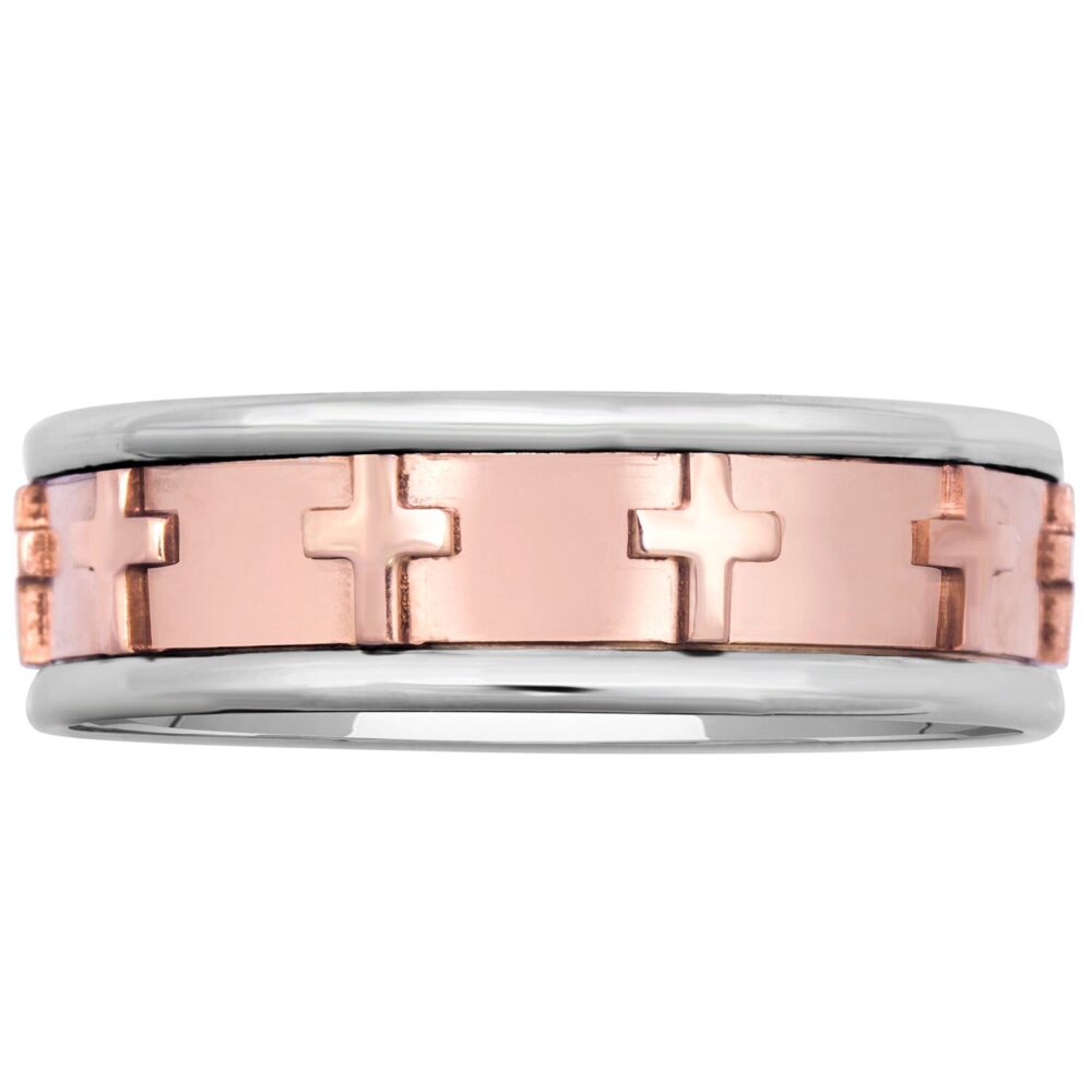 Religious Christian Cross Two-Tone White Gold/Rose Gold Wedding Band, Ring, High Polished Finish, 7mm, 14K, 18K, Platinum