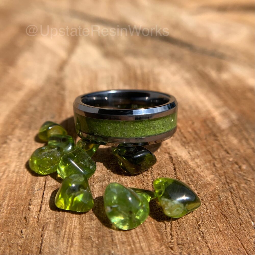 Green Peridot Ring, Tungsten Band, Push Gift, Gemstone Rings, Peridot Vow Renewal, Wedding Engagement Promise Band
