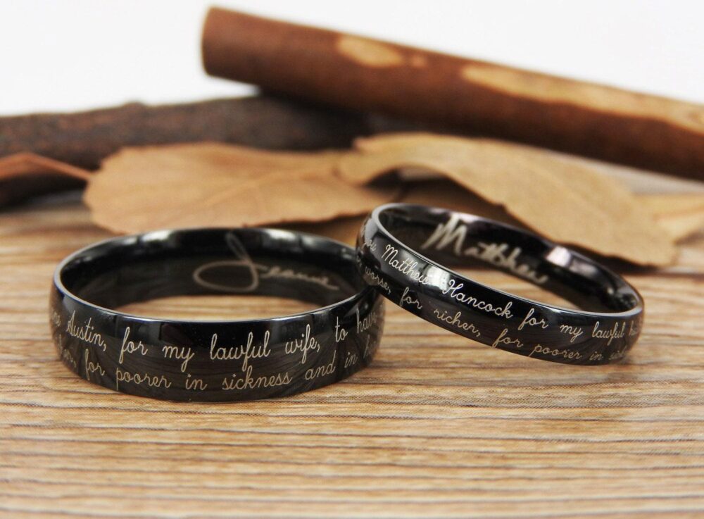 Handmade Your Marriage Vow & Signature Rings Wedding Rings, Black Matching Bands, Titanium Couple Set