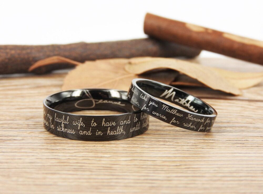 Handmade Your Marriage Vow & Signature Rings Wedding Rings, Black Matching Bands, Titanium Couple Set