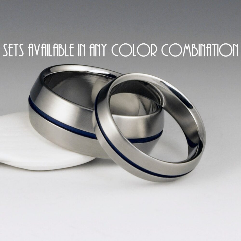 Titanium Band Set, His & Hers Wedding Peaked Profile, Centered Blue Pinstripe