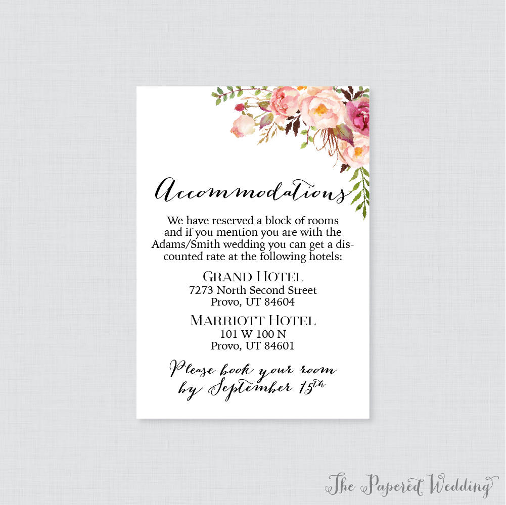 Printable Or Printed Wedding Accommodation Cards - Pink Floral Inserts Rustic Flower Details Invitation Insert 0004