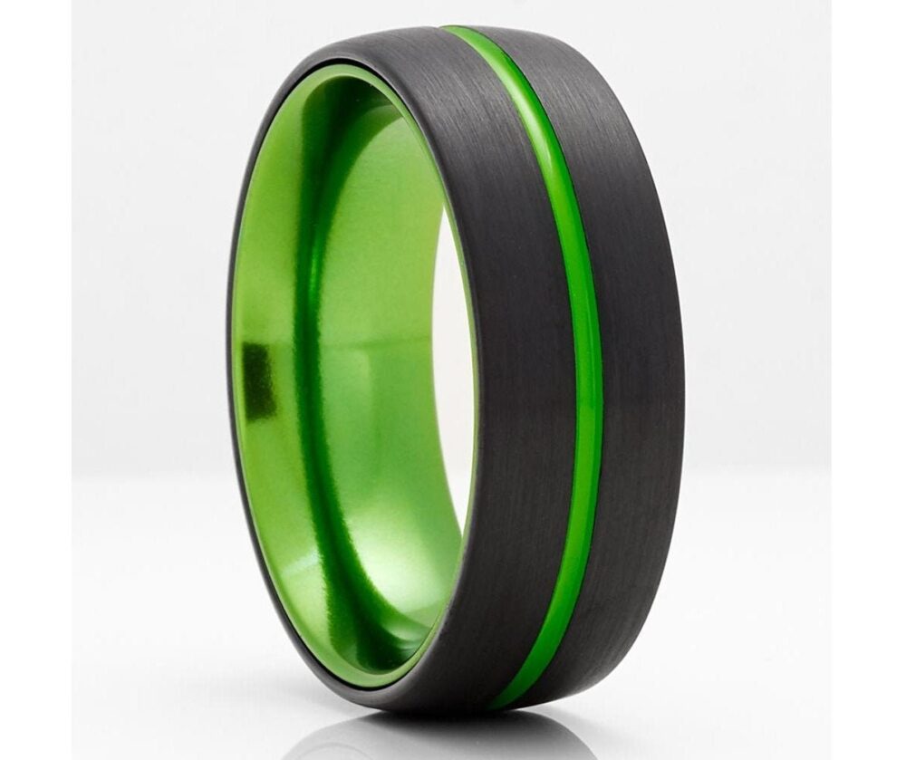 Black Wedding Ring, Green Tungsten Ring, Anniversary Ring, Tungsten Carbide Ring, Engagement Ring, Unique Band, Green Ring, Dome