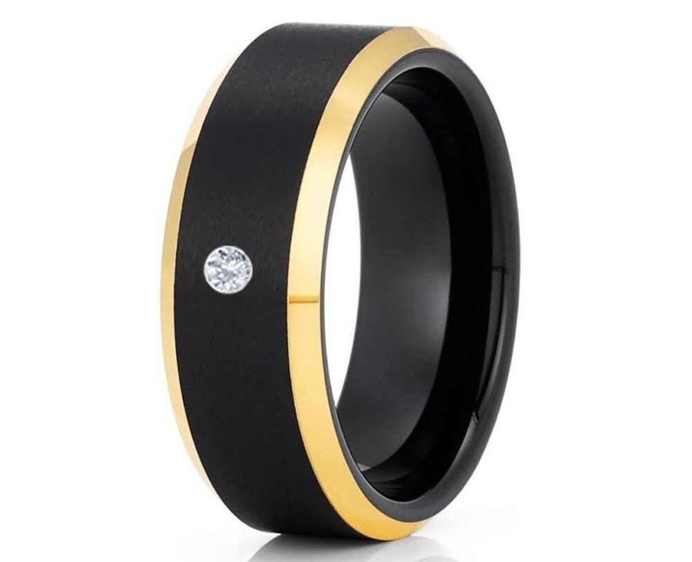 White Diamond Ring, Black Wedding Ring, Tungsten Ring, Wedding Band, 18K Yellow Gold, White Ring, Unique Ring, Brush