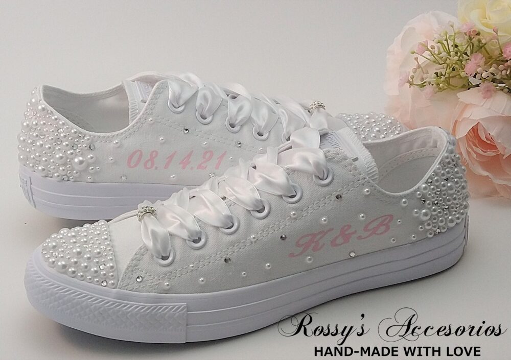 Personalized Pearls Crystal Wedding Converse For Bride/White Shoes Custom Bling Low Top