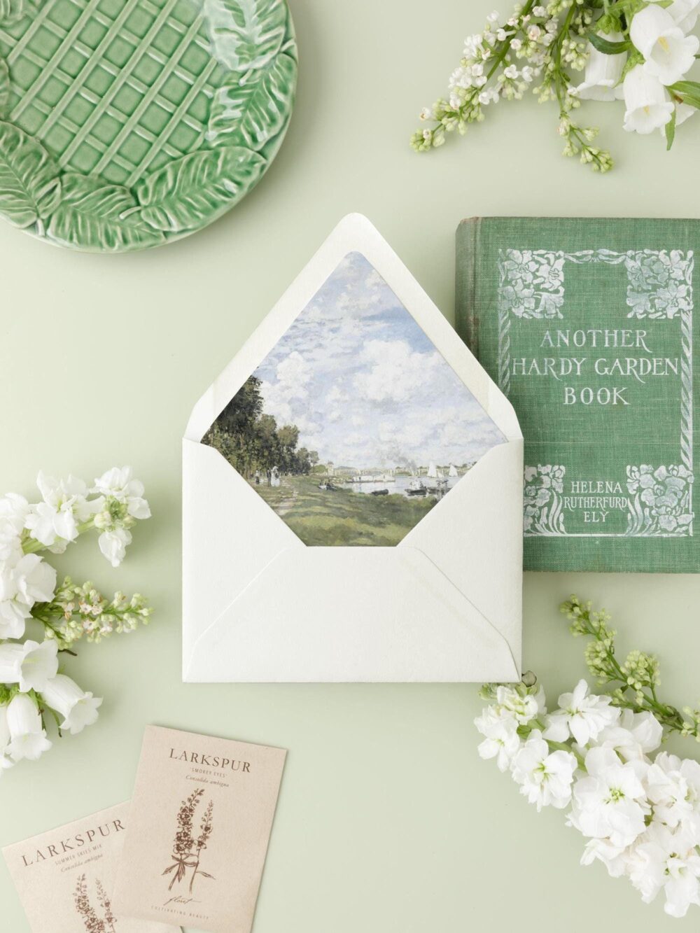 Fine Art Lined Envelopes For Wedding, Classic Painting Envelope Liner, Monet Wedding Envelopes, "Along The Riverbank"