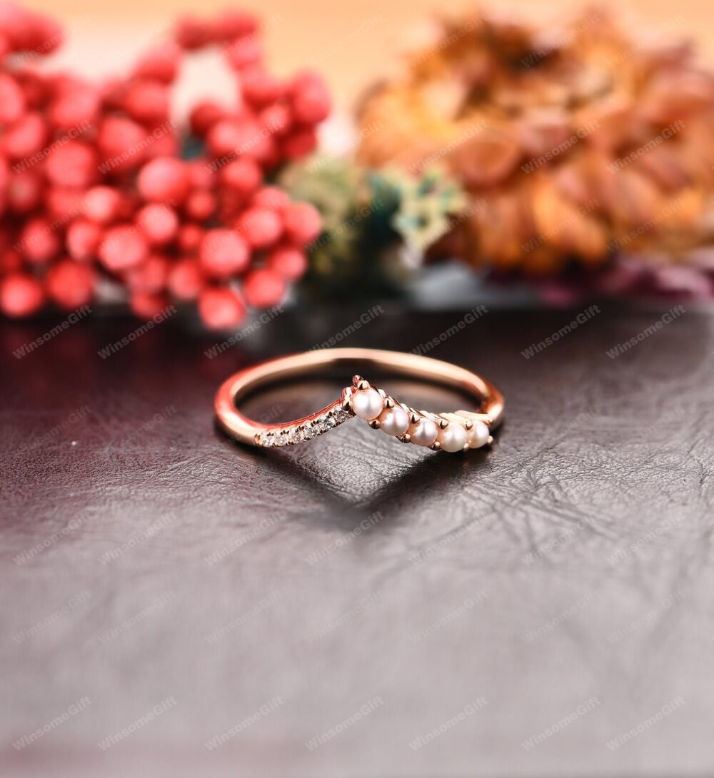 Natural Pearl Curved Wedding Band, 14K Solid Rose Gold Bridal Ring, Women's Anniversary Gift, Ring For Her, Promise
