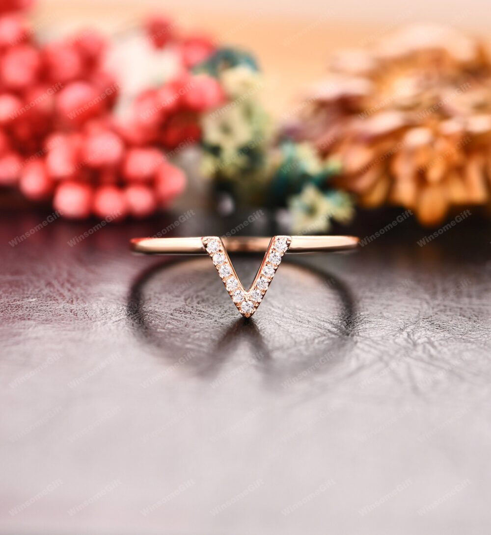14K Rose Gold Wedding Ring, Moissanite Curved Band, Bridal Promise Anniversary Matching Ring For Her, Elegant