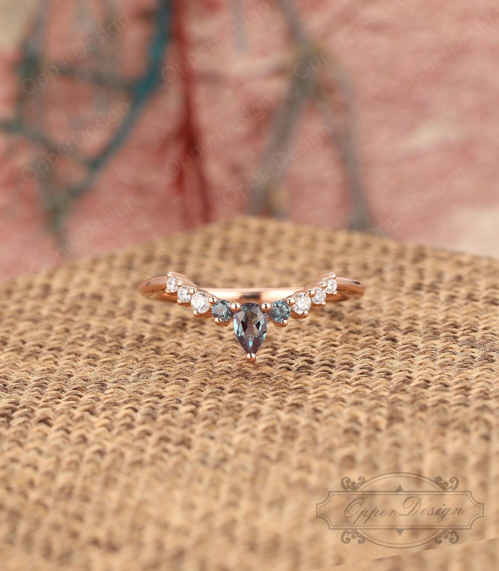 Alexandrite Wedding Band, Unique Ring Band, 10K Rose Gold Bridal Ring, Matching Ring, Delicate Handmade Band Ring, Alexandrite & Moissanite