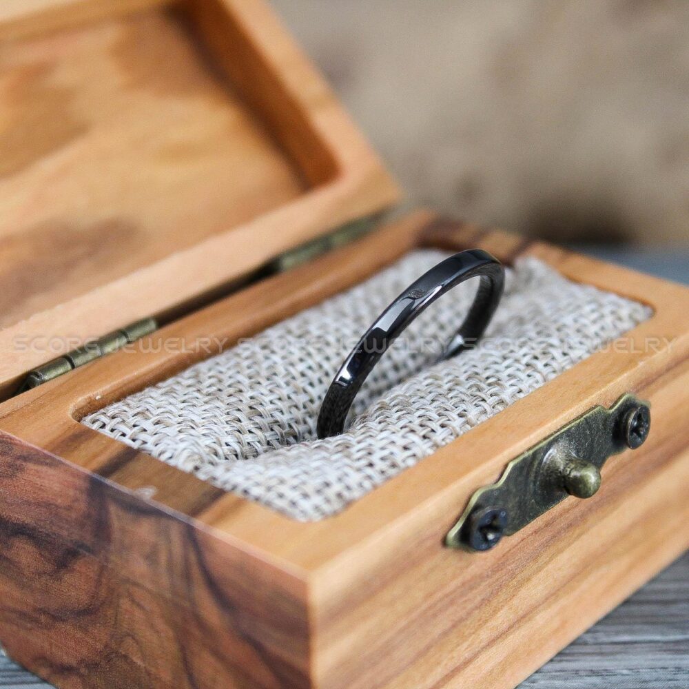 Black Wedding Ring, 2mm Band, Tungsten Band With Flat Edge