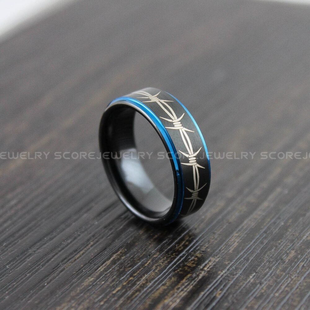 Barbed Wire Ring, Wedding 8mm Black Tungsten Band Ring With Step Edge Barb Tattoo Pattern