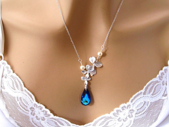 Bermuda Blue Wedding Necklace, Peacock Jewelry, Bridal Necklace Orchid Crystal & Pearl Swarovski Jewelry Bridesmaid Gift