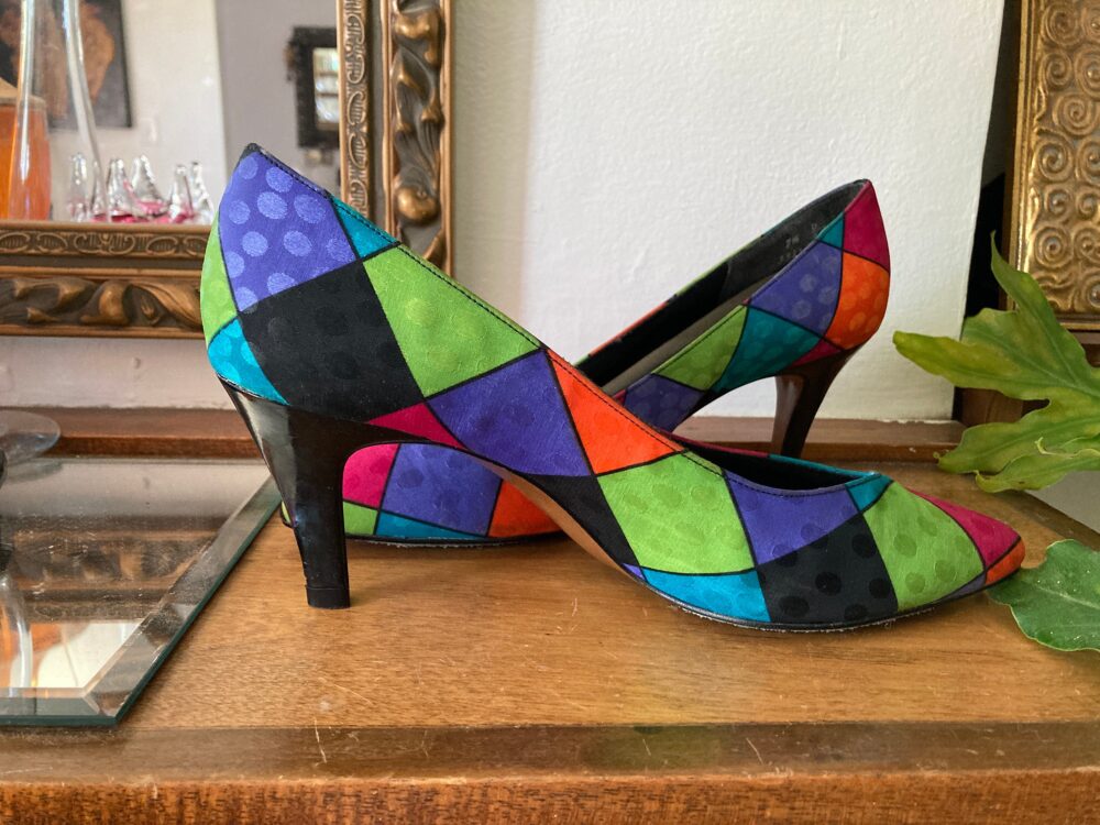 80S, High Heel Shoes, Size 7.5, Silk Pumps, Geometric Print, Memphis Group