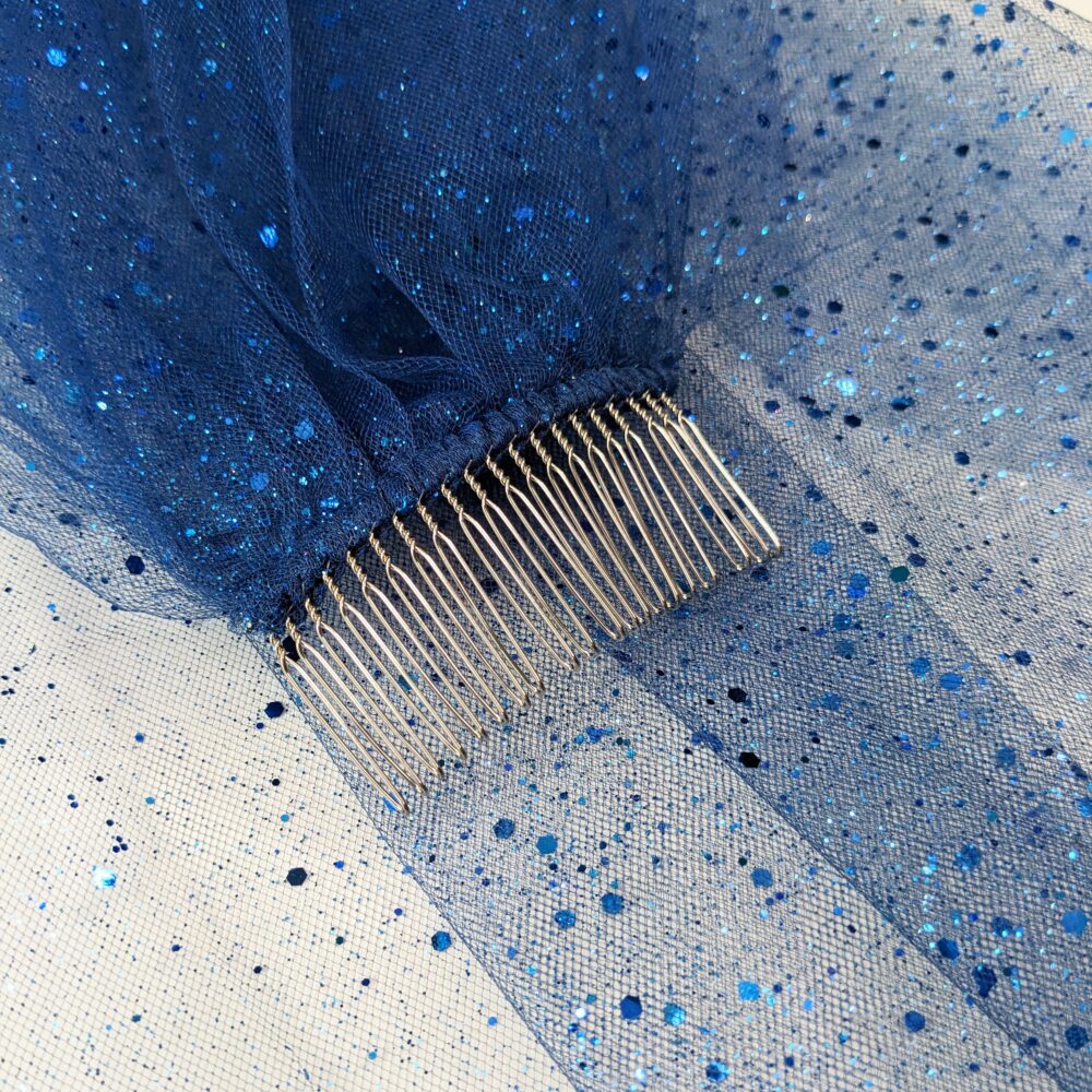 Sparkly Blue Wedding Veil With Glitter, Light Navy Color Fabric, Glitter Flakes - Silver Bridal Comb