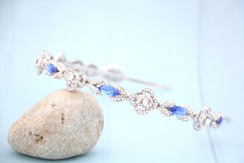 Sapphire Blue Silver Wedding Headband Navy Blue Bridal Rhinestone Crystal Tiara