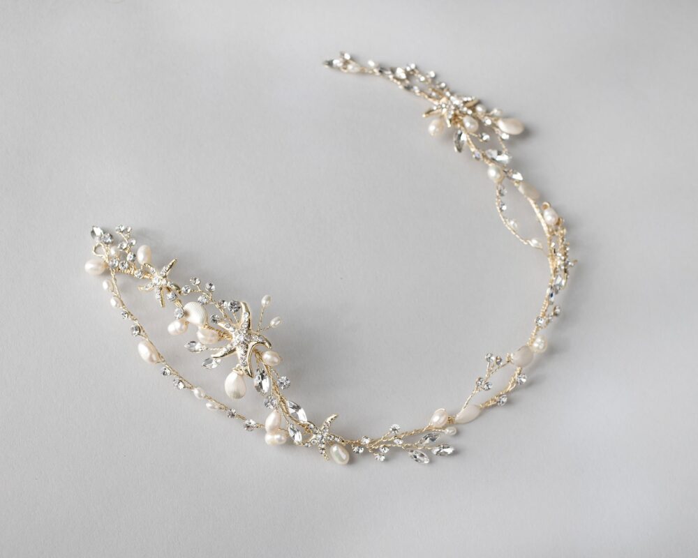 Beach Wedding Headpiece Light Gold Starfish Freshwater Pearls Bridal Hair Vine Headband