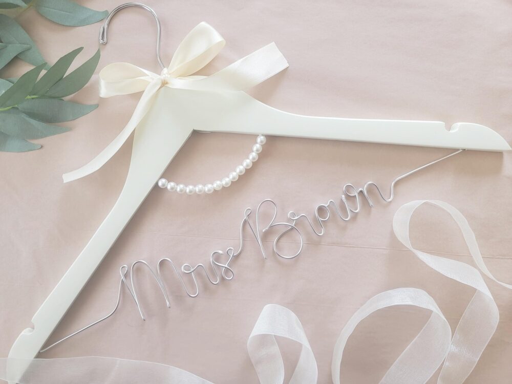 Custom Wedding Hanger Name Ribbon Pearls Wood Wire Personalized Bridal Bride Shower Gift Bridesmaid Elegant Vintage Classic
