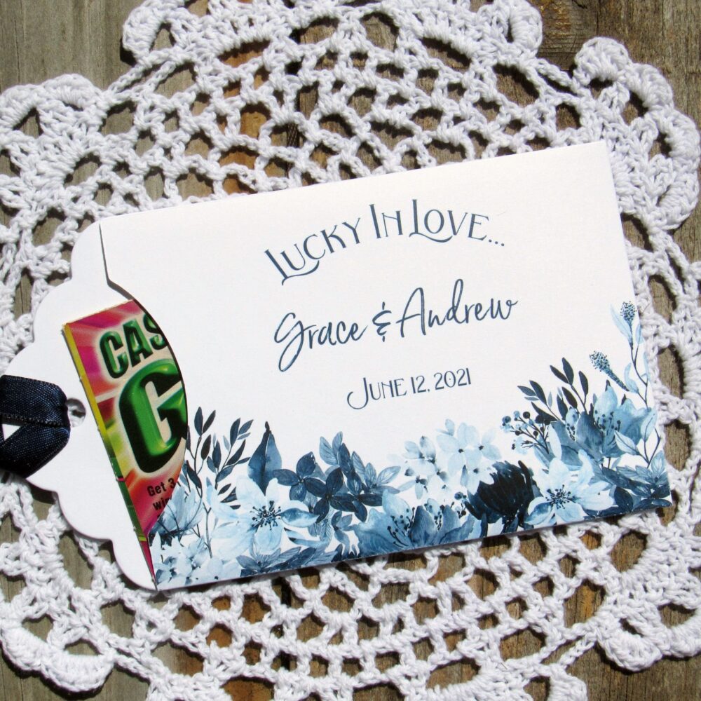 Personalized Wedding Lotto Favors Navy Blue Ribbon, Scratch Off Ticket Holder