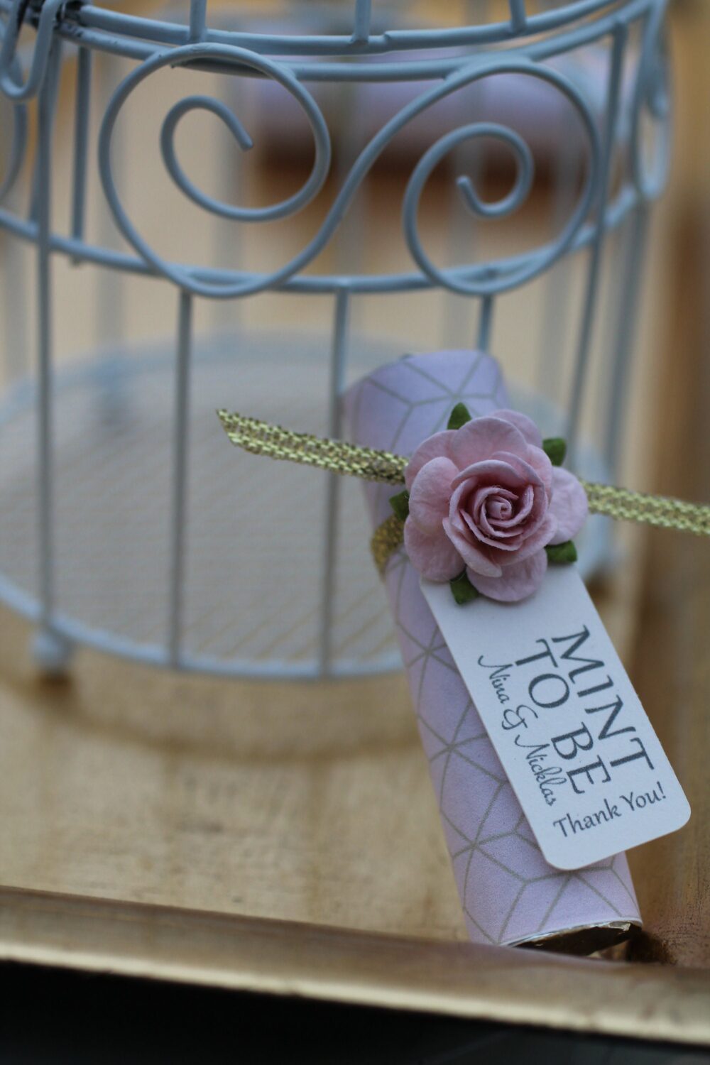 Personalized Wedding Mint Favors Blush Geometric, Gold Ribbon