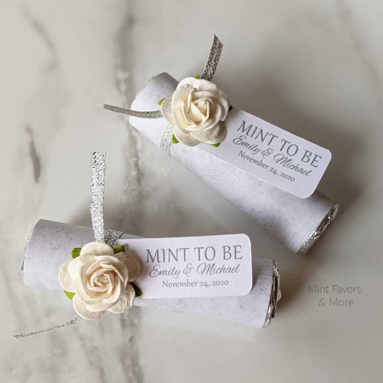Personalized Wedding Mint Favors White Roses, Silver Ribbon