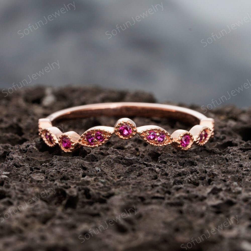 Art Deco Ruby Wedding Band, Vintage Matching Band Engagement Ring Enhancer Promise Silver 14K Rose Gold Plated Gift For Women