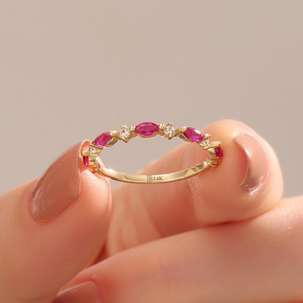 14K Solid Gold Ruby Ring, Dainty Stacking Marquise Band, Unique Stackable Half Eternity Gift For Women