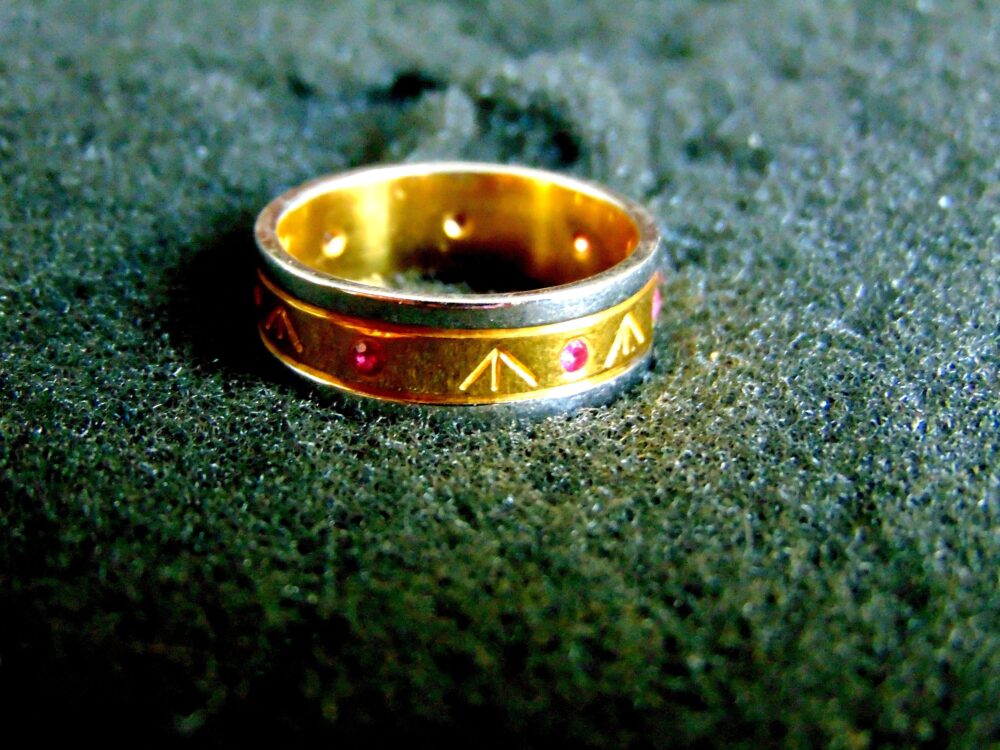 18K Gold Rubies Ring Band, Solid Yellow & White For Women, July Birthstone, Red Precious Gem Jewelry, Size Us 8.5, Greek Jewellery