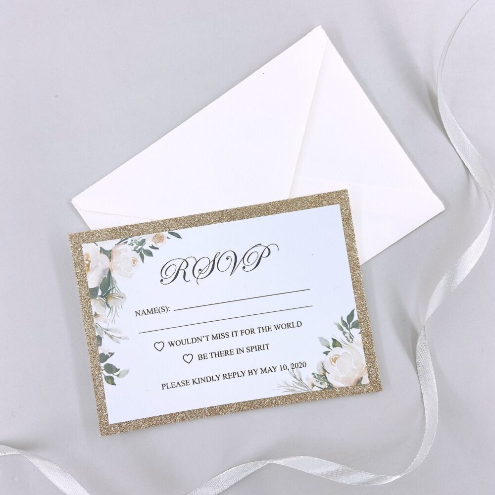 Glitter Gold Wedding Rsvp Cards & Envelope, Printable Or Printed Customized Reply For Wedding, Gorgeous Floral