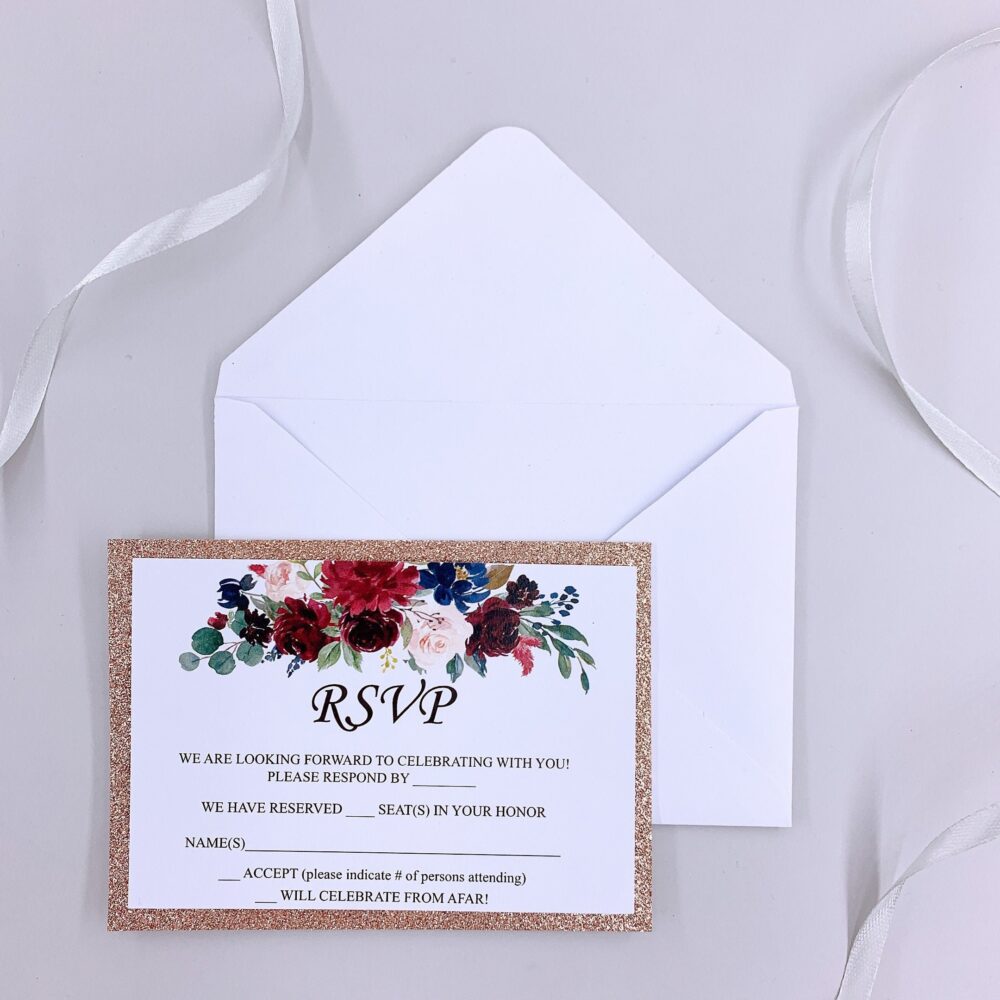 Glitter Gold Wedding Rsvp Cards & Envelope, Printable Or Printed Reply Cards, Gorgeous Floral