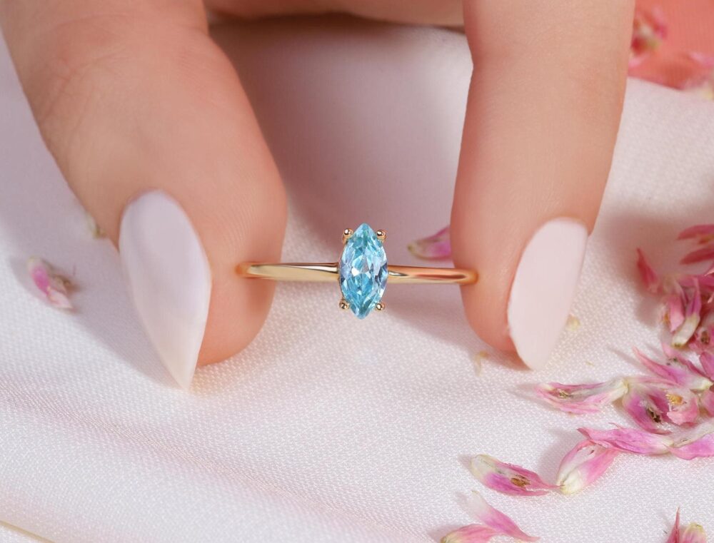 Marquise Blue Topaz Ring 14K Solid Gold Band, Single Birthstone, Customizable Cut Light Stone Gift Women