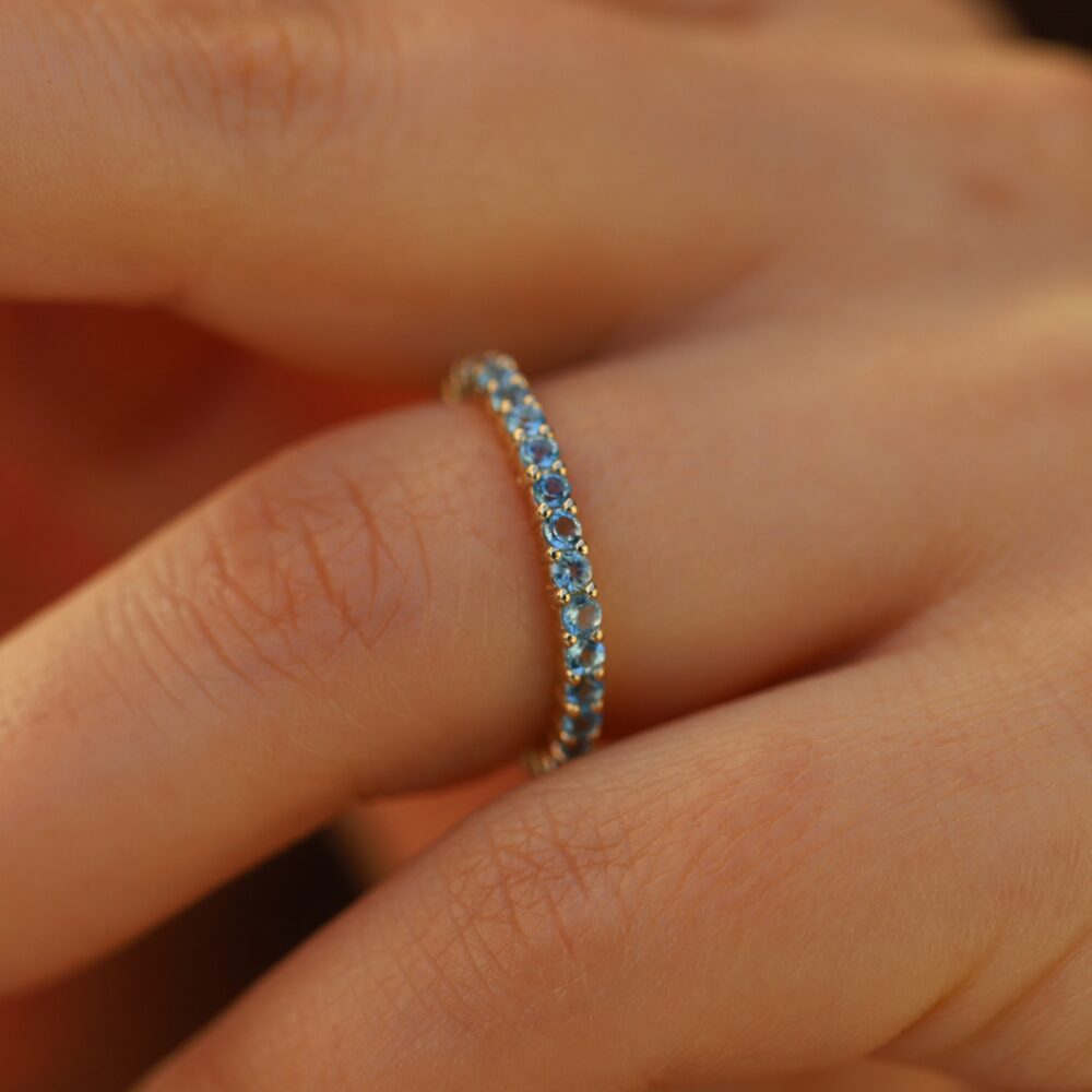 Eternity Ring On Solid 18K Or 14K Gold, Natural Blue Topaz Ring, November Birthstone Full Wedding Band, 2mm Band