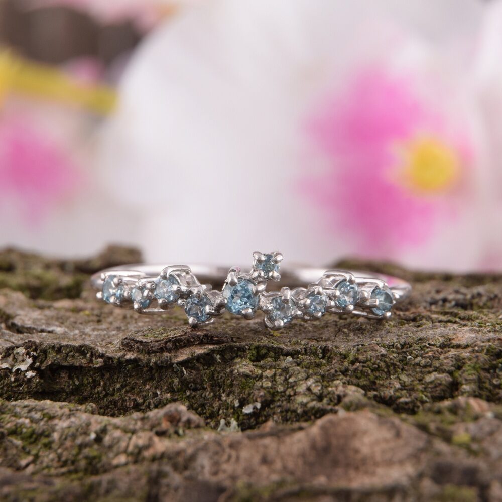 Women Wedding Band, Unique Topaz Ring, Elegant Silver Multistone Blue Topaz Ring, December Birthstone