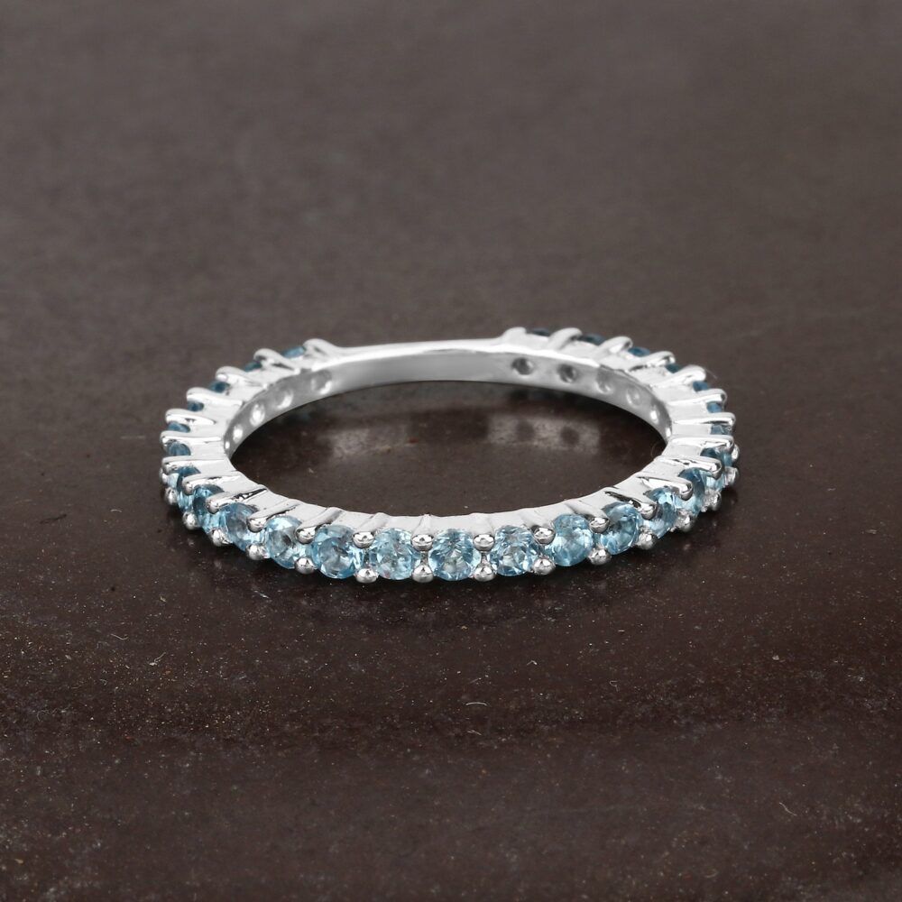 Swiss Blue Topaz Ring, Natural Rounds Full Eternity Band Ring in .925 Sterling Silver, December Birthstone, Engagement