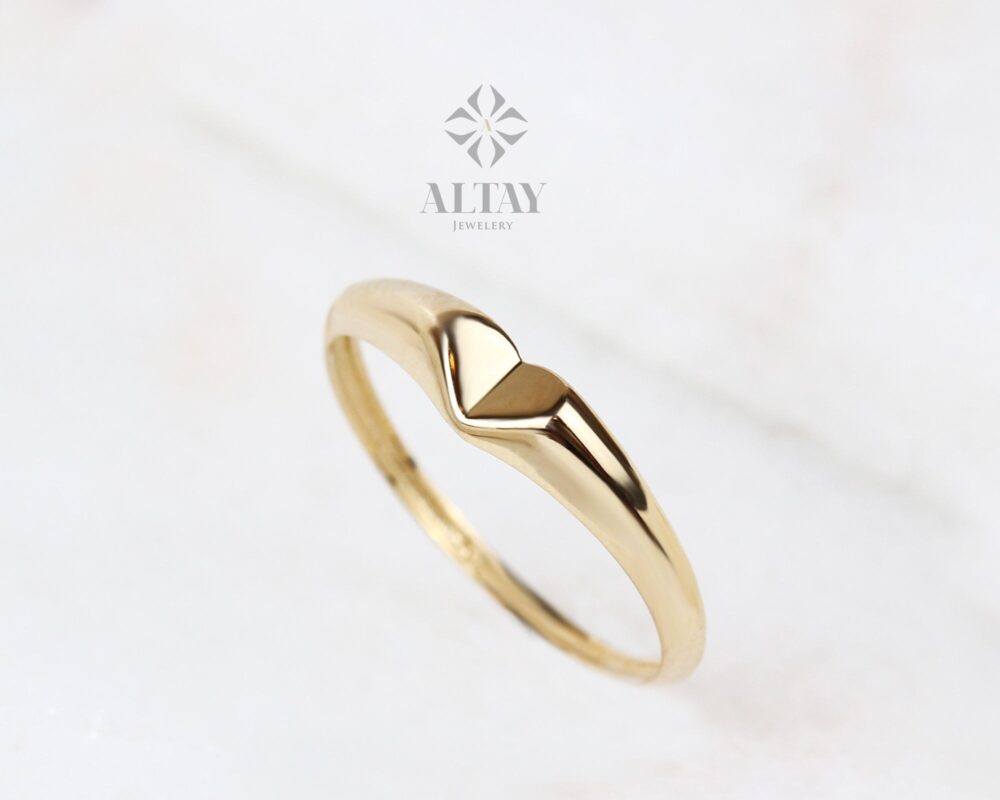 14K Solid Gold Heart Ring, Thin Minimalist Dainty Stackable Promise Valentine Love Shape, Gift For Her