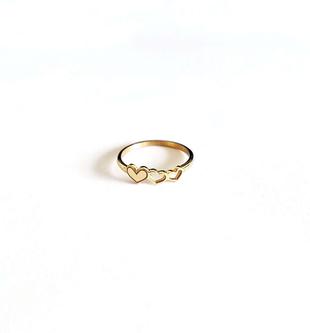 14K 9K Triple Heart Ring, Solid Gold Heart Gold Hearts Rose Love Jewelry, Anniversary Gift For Girlfriend