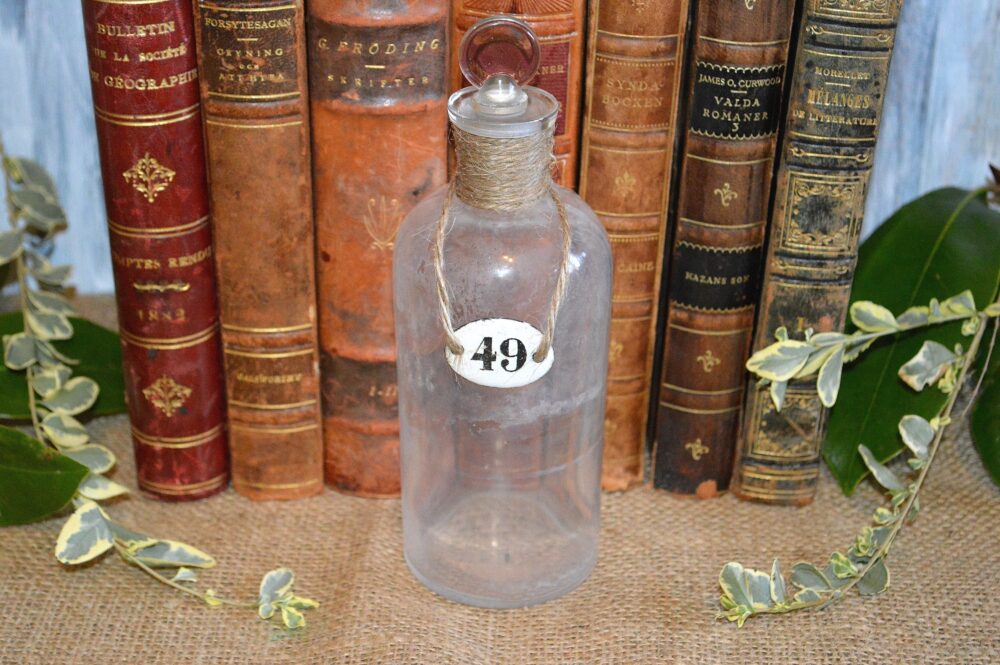 Antique Clear Glass Apothecary Jar Bottle Penny Stopper & French Enamel Number Sign Upcycled