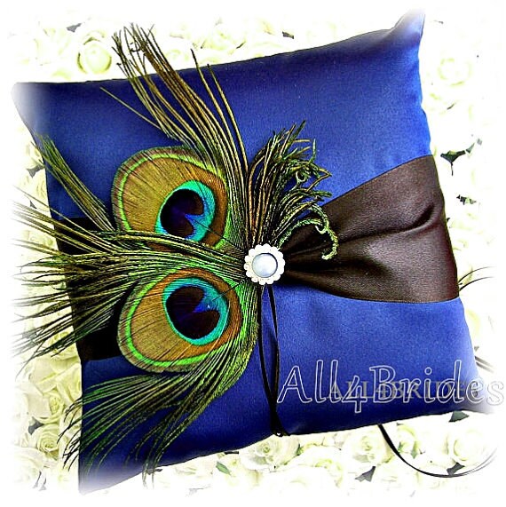 Peacock Feather Wedding Ring Bearer Pillow Blue & Black