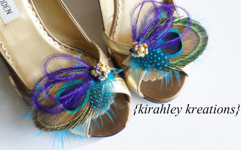 Peacock Feather Shoe Clips Wedding Shoes Bride Bridal Bridesmaid Prom Accessory Hydie Teal Guinea Purple Beaded Gold Iridescent Great Gatsby