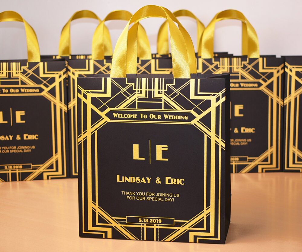 30 Gatsby Style Wedding Welcome Bags With Gold Satin Ribbon Handles & Custom Monogram, Black Gold Art Deco, Theme Favors Gifts
