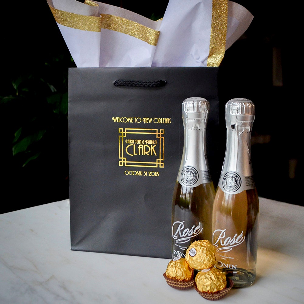 Art Deco Monogrammed Wedding Gift Bags, Custom Welcome Euro Totes, Personalized Great Gatsby Theme Party Favor Bags