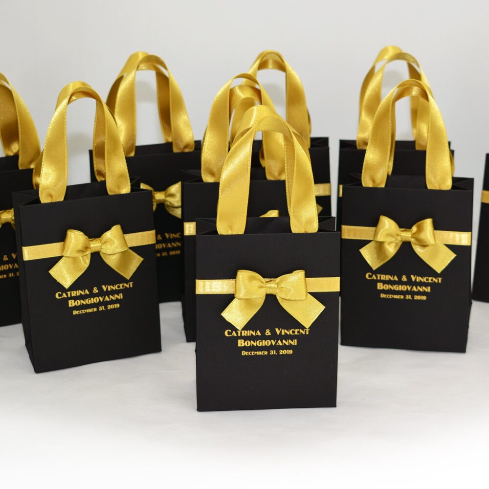 25 Chic Wedding Gift Bags With Satin Ribbon Handles, Bow & Your Names Personalized Black & Gold Gatsby Theme Favors For Guests
