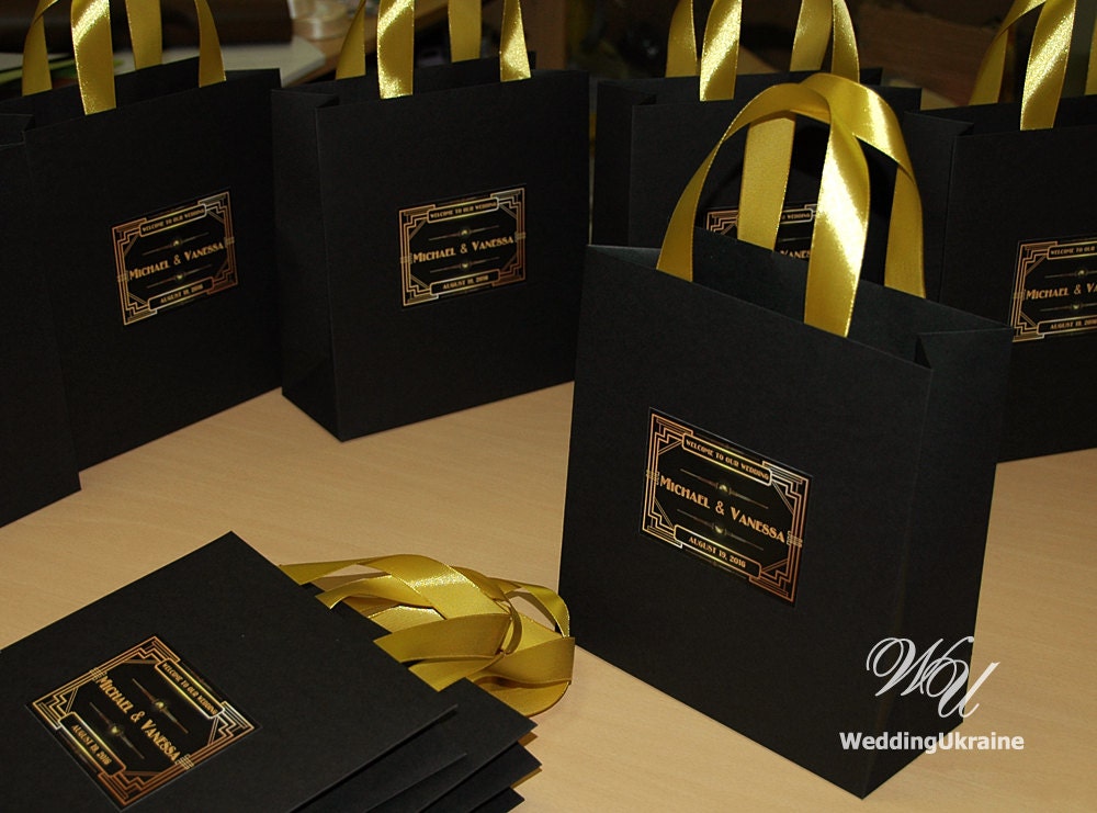Gatsby Style Wedding Welcome Bags With Gold Satin Ribbon Handles - Elegant Art Deco Paper Bag Black & Gold Theme Gift Bags