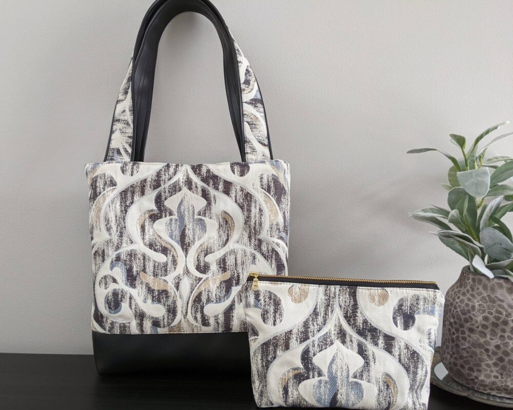 Black Tote Bag & Clutch Set, Vegan Leather Purse, Blue Shoulder Handbag For Travel, Geometric Bag, Work Women Gift