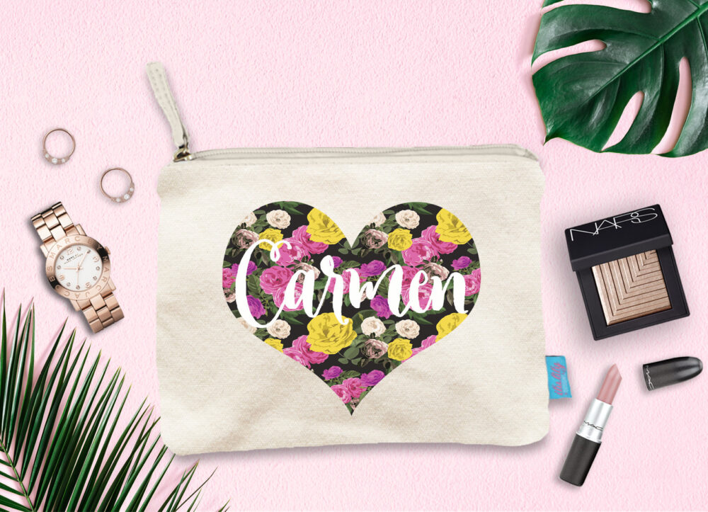 Personalized Floral Heart Makeup Bag, Wedding Day Party Cosmetic Bridesmaid Pouch, Gift, Pouch
