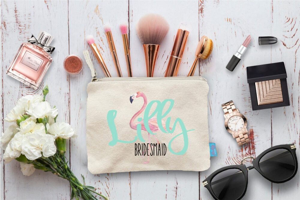 Flamingo Personalized Bridal Party Makeup Bag, Wedding Cosmetic Bridesmaid Pouch, Gift