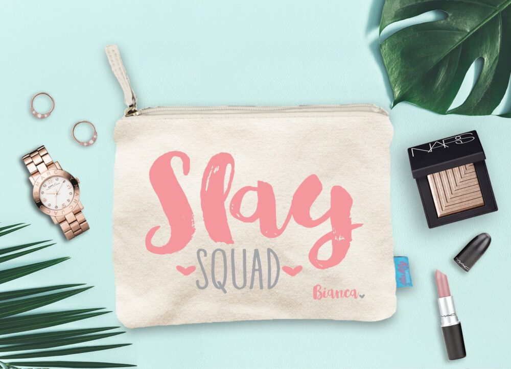 Slay Squad Personalized Bride Tribe Makeup Bag, Wedding Day Party Cosmetic Bridesmaid Pouch, Gift