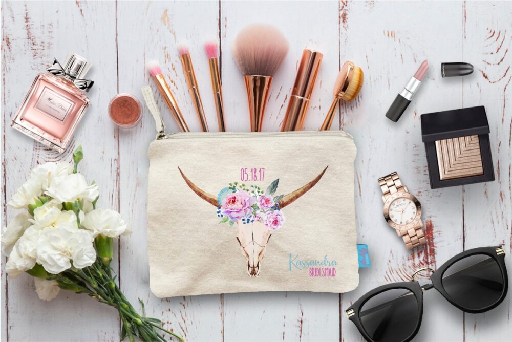 Floral Deer Personalized Makeup Bag, Wedding Day Party Cosmetic Bridesmaid Pouch, Gift, Pouch