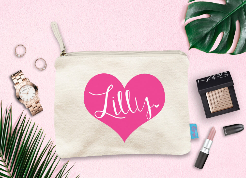 Personalized Heart Makeup Bag, Wedding Day Party Cosmetic Bridesmaid Pouch, Gift, Pouch