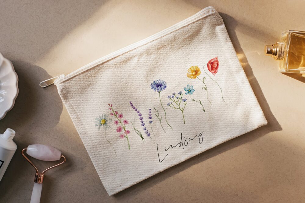 Wild Flower Canvas Makeup Bag - Personalized Gift For Bridesmaids, Mom, Or Urban Women | Perfect Weddings, Birthdays, Everyday Use