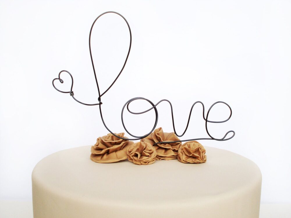 Love Cake Topper, Wedding Sign, Heart Rustic Decor, Wire Custom Silver, Gold Black Banner, Elegant